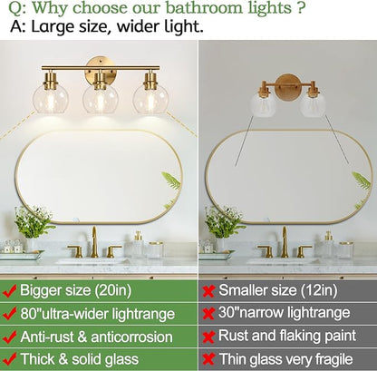 Indoi 3-Light Bathroom Light Fixtures, Brushed Gold Modern Vanity Lights Over Mirror with Clear Glass Globe Shade, Bathroom Wall Sconces for Mirror Kitchen Living Room Hallway Cabinet Bedroom Porch