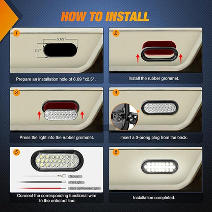 Nilight 6Inch Oval Trailer Tail Light 4PCS White Red 24LED Brake Turn Signal Reverse Lights w/Flush Mount Grommets Plugs IP67 Waterproof for 12V Truck ATV UTV Bus RV Camper
