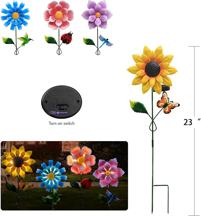 Solar Garden Stake Lights, Metal Flower Design, 4 Pc. Set for Outdoor Decor, Garden, Patio, Pathway