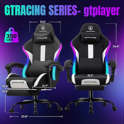 GTRACING Gaming Chair with Foot Rest & Racing Style RGB LED Lights, Breathable Fabric for Home Office Desk, Ergonomic High Back Computer Chair with Headrest & Lumbar Support, RGB Black