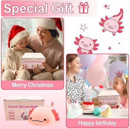 Axolotl Night Light for Kids, Rechargeable Cute Squishy lamp - Silicone Adorable Christmas Axolotl Gifts for Kids - Nightlight Nursery Animal Touch Light - Bedroom Decor for Boy, Girls