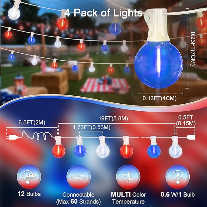 LAMPHOME 4 Pack 26Ft LED G40 Red White and Blue String Lights Outdoor, 4th of July Patriotic Lights with 12+1 Shatterproof Bulbs, Memorial Day Independence Day Decor for Yard Garden Patio