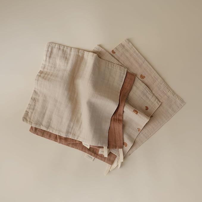 mushie Muslin Organic Cotton Washcloths 5-Pack (Rainbow Combo) | Soft Wipes for Baby Cleanups and Bathing