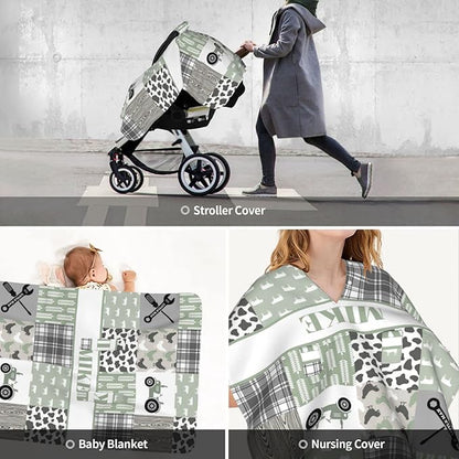 Personalized Baby Car Seat Canopy for Babies, Custom Name Car Seat Covers for Boys and Girls, Opening Minky Nursing Breastfeeding Cover for Infant, Carseat Canopies for Newborn (Farm Theme)