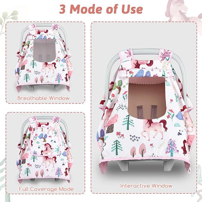 Car Seat Cover Baby,Man Fai Sky Infant Car Seat Covers Girl with Breathable Mesh Peep Window,Windproof and Peek-Proof Newborn Carrier Canopy for 4 Seasons,Pink