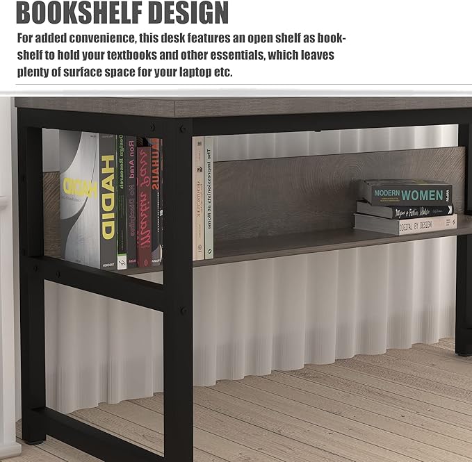TOPSKY Computer Desk with Bookshelf/Metal Hole Cable Cover 1.18" Thick Desk (55", Espresso Gray)