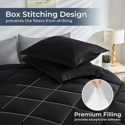 HEVUMYI 120x98 Oversized King Comforter Set - 7-Piece All Season Bed in a Bag Oversized King, Ultra Soft Bedding Set with 120 x 98 Comforter, Flat Sheet, Fitted Sheet, Pillowcases, Black & Light Grey