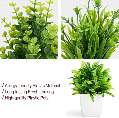 LELEE Artificial Plants Mini Fake Potted Plants, 8 pcs Small Eucalyptus Potted Faux Decorative Grass Plant with White Pot for Home Decor, Indoor, Office, Desk, Shelf, Table Decoration