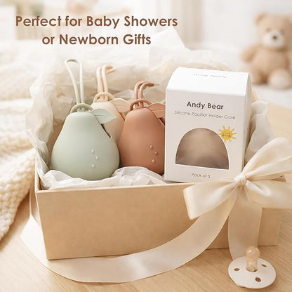 Andy Bear Silicone Pacifier Holder Case, Baby Paci Storage Case Silicone, Portable Leakproof One-Piece BPA-Free Set of 3-Ivory, Sage, Blush