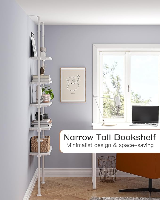 ALLZONE 5 Tiers Narrow Bookshelf, Tall Adjustable Ladder Book Shelf with Open Storage, Floor to Ceiling Tension Mount, Wooden Industrial Bookcase for Living Room, 92 to 116 Inch, White