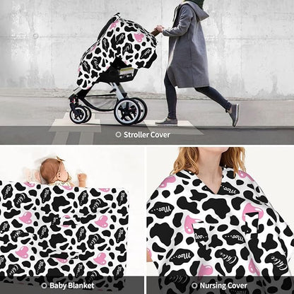 Personalized Cow Print Baby Infant Car Seats Canopy for Babies with Name, Custom Love Heart Lightweight Covers for Baby Boys Girls, Minky Nursing Breastfeeding Stroller Canopies for Newborn