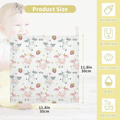 vvfelixl Cow Pink Cartoon Strawberry Baby Burp Cloths Baby Muslin Washcloths for Boys Girls Cotton Babys Face Towel for Newborn Infants Soft and Absorbent 11.8 X 11.8 in, 5 Pack