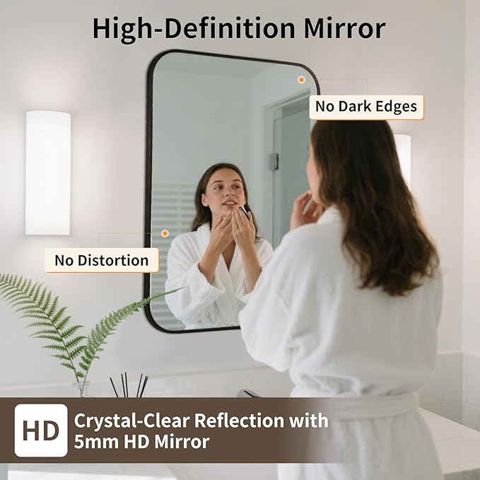 Black Bathroom Mirror, 30x36 Inch Aluminum Frame Rectangle Mirror, Anti-Rust, Tempered Glass, Wall Mirror for Over Sink, Vanity, Bedroom, Entryway, Horizontal/Vertical