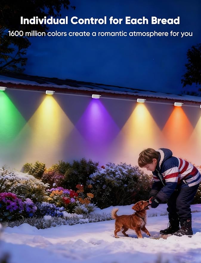 APPECK Permanent Outdoor Lights 200ft with 144 LED Lights, 72W Smart RGBW Eaves Lights, DC 36V, 40LM, IP67 Waterproof String Lights for Halloween Christmas Decor, Compatible with Alexa, Black