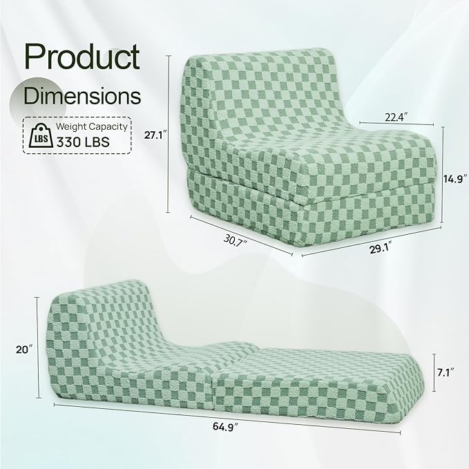 Bean Bag Chair with Checkerboard Shaker Fleece Fabric, Folding Sofa Bed, Floor Sleeper Lounge Chair, Lazy Sofa for Living Room, Bedroom, Apartments (Mint Green)