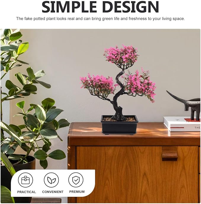 Cabilock Artificial Bonsai Tree, Fake Potted Bonsai Plants Decoration, Simulation Faux Plants Decor, Desktop Realistic Welcoming Pine Ornament for Home Office Entryway Chests Decor, Pink