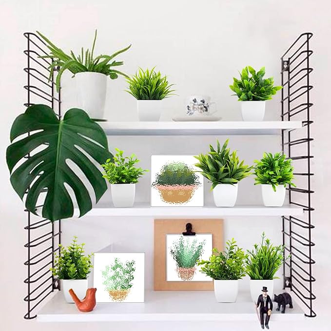 LELEE Artificial Plants Mini Fake Potted Plants, 8 pcs Small Eucalyptus Potted Faux Decorative Grass Plant with White Pot for Home Decor, Indoor, Office, Desk, Shelf, Table Decoration