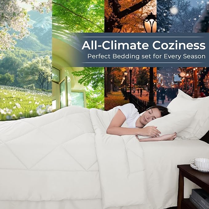 HEVUMYI Ivory Twin Comforter Set - 5-Piece All Season Bed in a Bag Twin, Ultra Soft Bedding Set with Comforter, Flat Sheet, Fitted Sheet, Pillowcases, Pillow Shams
