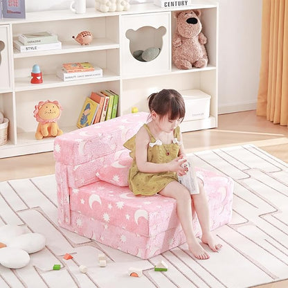 Folding Sofa Bed Floor Mattress for Kids with Pillow, Toddler Glow Washable Folding Floor Nap Mat for Sleeping, Child Fold Up Sofa Futon Chair Bed with Storage Bag for Girls Boys