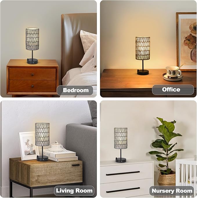 Touch Bedside Lamp For Bedroom with Bulb, Gray Boho Small Table Lamp For Living Room With Rattan & Linen Shade, 3 Way Dimmable Table Lamp For Nightstand With USB Charging Port & Phone Stand For Office