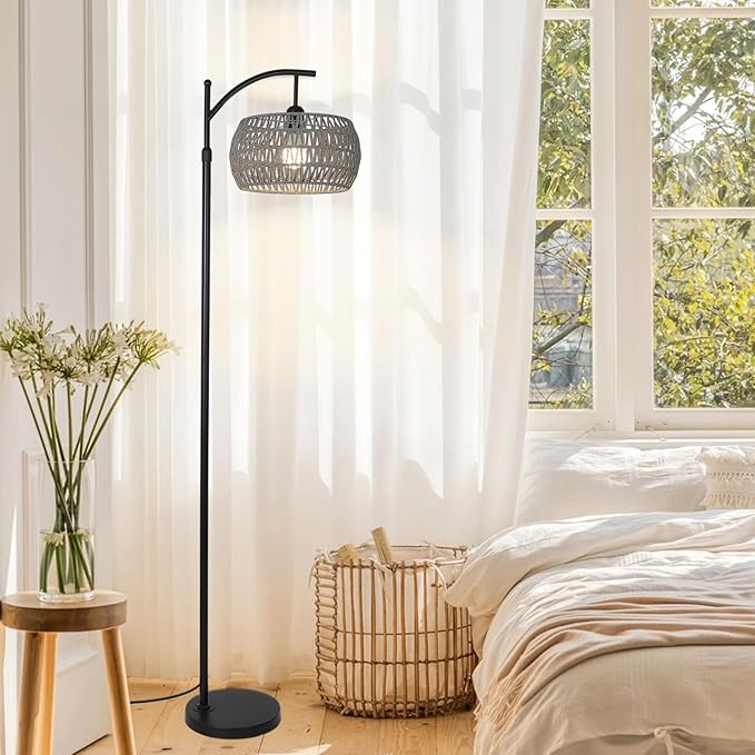 Arc Floor Lamp for Bedroom, Boho Standing Lamp with Remote & LED Smart Bulb, Rattan Floor Lamps for Living Room with 3 Color Temperatures, Height Adjustable Corner Tall Lamp, Stand up Light for Office