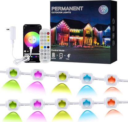 Permanent Outdoor Lights 100ft 60 LED RGBIC, APP Control with Remote, Music Sync DIY DreamColor, Timing Warm Cool White, IP65 Waterproof for Halloween Christmas House Eave Decorations
