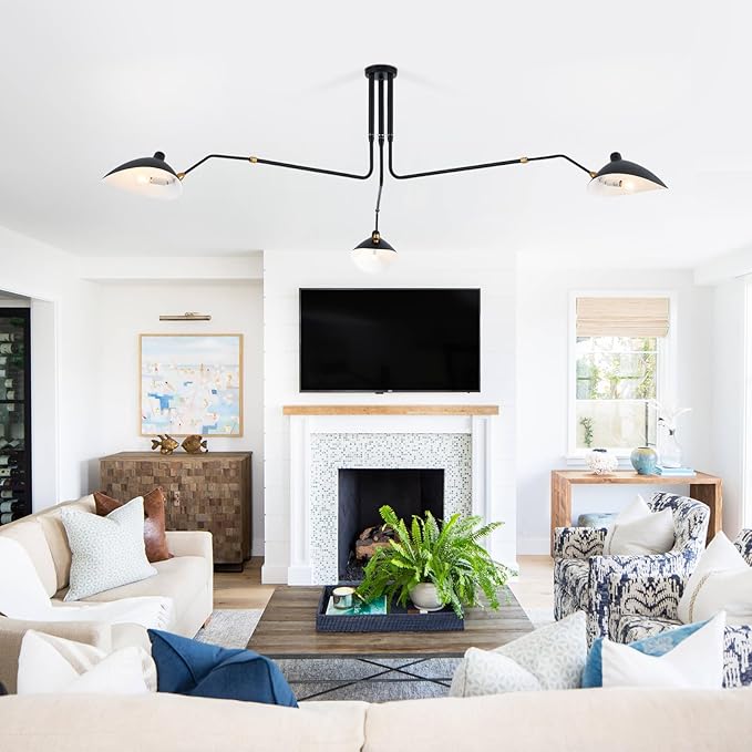85" Mid-Century Chandelier, Matt Black Finish with Adjustable 3-Arms Large Pendant Lighting Fixture for Dining Room Living Room Kitchen Island Bedroom 3-Light