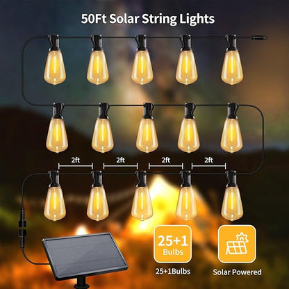 SANBEN 50ft Solar String Lights with Remote, 25+1 Bulbs Solar Patio Lights Outdoor Waterproof, Solar Powered Dimmable Deck Lights for Garden Porch Party