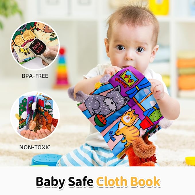 Jollybaby Baby Cloth Books, Touch & Feel Crinkle Soft Books, for Infants Babies, Toddler Early Educational Interactive Stroller Toys, Baby Girl & Boy Gift(Plush Tails)