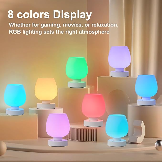 KARTOOSH Cordless Touch Bedside Table Lamp, Rechargeable Battery Operated Desk Lamps with 8 RGB Colors, Dimmable Small Glass Nightstand Light for Living Room Bedroom Kitchen Counter