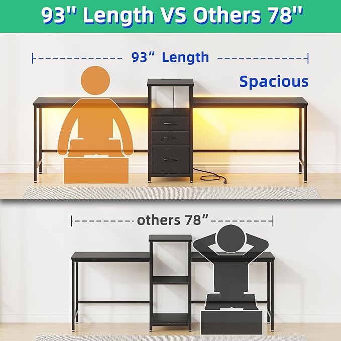 93'' Two Person Desk with Charging Station, Long Desk with 3 Drawers and Printer Shelf, Double Computer Desk, Fabric Drawers, 2 Person Writing Study Table Workstation for Home Office, Black