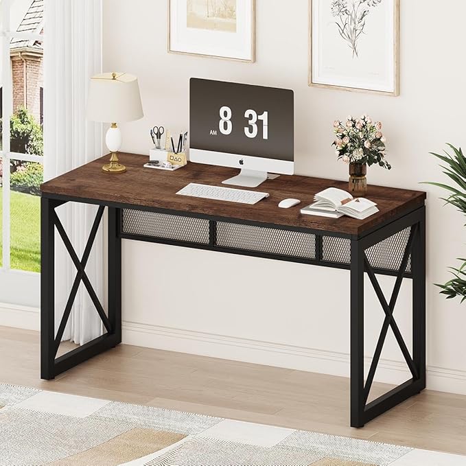 BON AUGURE Farmhouse Computer Desk, Modern Industrial Home Office Desks, Wood Metal Study Writing Table, Sturdy Gaming Desk (Rustic Oak, 54 Inch)