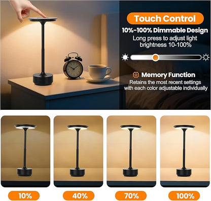 2-Pack Cordless Table Lamp Rechargeable 5000mAh, 3-Color Stepless Dimming Touch Sensor, Portable LED Desk Light for Bedroom, Nightstand, Camping, Patio (2-Pack Black)