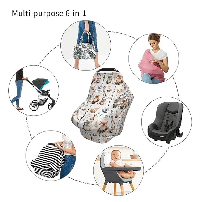 Personalized Woodland Baby Car Seat Cover with Name,Multi-Use Canopy for Nursing, Strollers,Shopping Carts,Customized Breastfeeding Cover, Full Privacy,Infant Stroller Cover