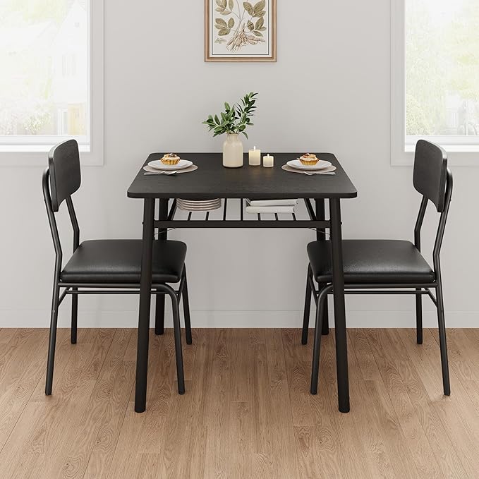 3-Piece Dining Table Set for 2, Wood Kitchen Table Set with Built-in Storage Rack,Small Kitchen Table with Upholstered Chairs and Metal Frame for Small Spaces，Black Wood Grain Color