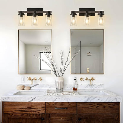Bathroom Vanity Light Fixtures, Wooden Farmhouse Bathroom Lights over Mirror Vintage Rustic Sconces Wall Lighting 3-Light Industrial Matte Black Vanity Light for Bathroom Bedroom Hallway Kitchen