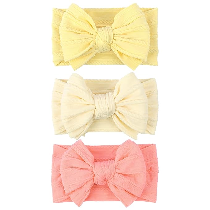LemonSpace Handmade Baby Bows for baby girls Stretchy Nylon Hair Bands Hair Accessories with Headbands Bows for Newborn Baby Girls Infant Toddlers Kids Bow(Light Yellow)