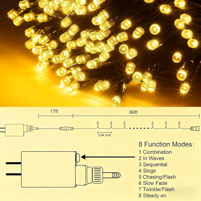 Home Lighting 66ft Christmas Decorative Mini Lights, 200 LED Green Wire Fairy Starry String Lights Plug in, 8 Lighting Modes, for Indoor Outdoor Xmas Tree Wedding Party Decoration (Warm White)