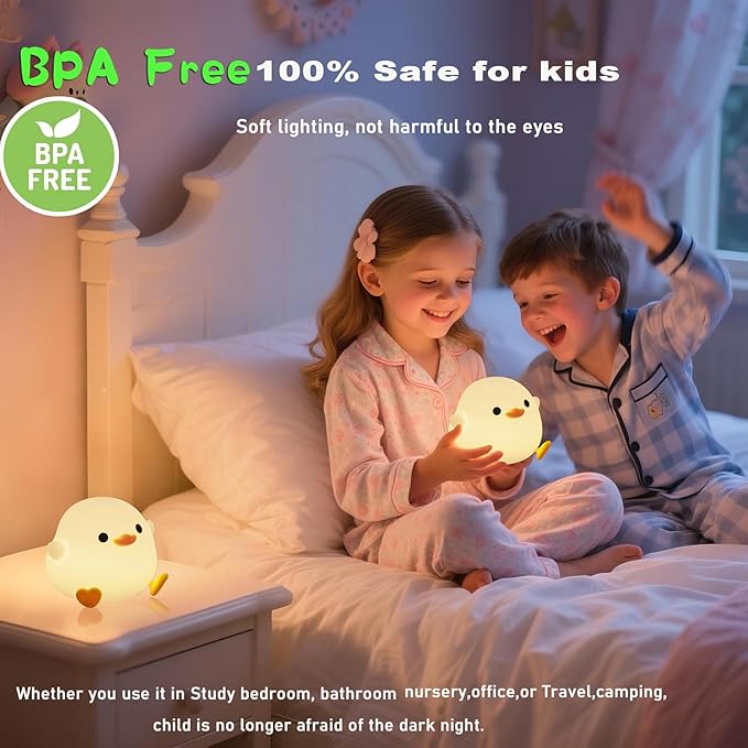HAPPYBAG Cute Pea Duck Night Light,Duck Lamp,2 Levels Dimmable Silicone Ducky Light,LED Squishy Animal Light for Kids Sleep,Rechargeable Bedside Touch Lamp, Kids Room Decor Gift Toy