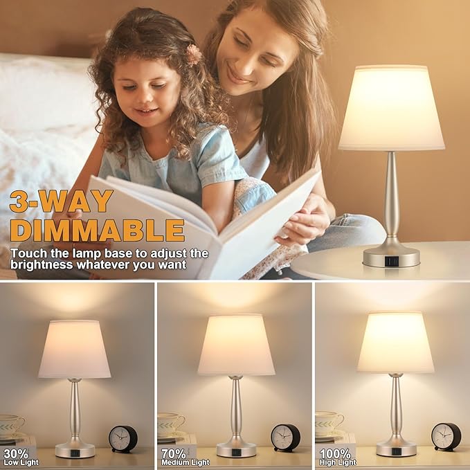 Kakanuo Touch Table Lamp for Bedroom, Small Bedside Lamp with USB C Charging Port, 3 Way Dimmable Touch Control Nightstand Lamp for Living Room, White Shade and Champagne Gold Base