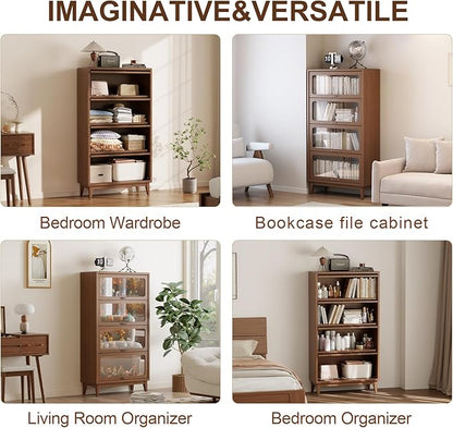 Solid Wood Bookcase 4-tire with Tempered Glass Flip-Up Doors,60Hx32Dx13.7W Bookshelves Finish Cube Storage Organizer,Bookshelf Versatile Pantry Cabinet for Living Room Home Office
