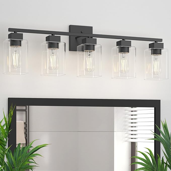 Espird 5 Light Bathroom Vanity Light - Matte Black Bathroom Light Fixtures Square Design & UL Certification, 31 Inch Black Bath Room Lighting Fixtures Over Mirror for Living Room & Bedroom & Restroom