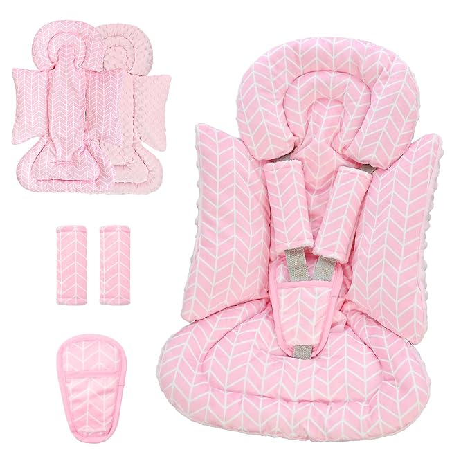 4 in 1 Infant Car Seat Insert, Baby Car Seat Head Body Support for Girls & Boys, Reversible Newborn Car Seat Insert with 3 Extra Strap Paddings, Premature Car Seat Cushion (Stripes Pink)
