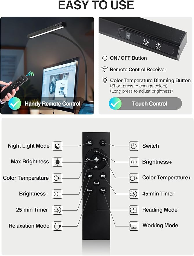 LED Desk Lamps for Home Office,5 Color+9 Brightness Desk Light,Touch & Remote Control,1000 Lumen Bright Monitor Light with Timer,12W USB Adapter Clamp Lamp for Computer, Reading, Study, Workbench