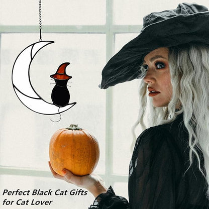 Stained Glass Halloween Black Cat Decor Gifts for Cat Lovers Memorial, Handmade Gothic Witch Hat Stained Glass Window Hangings Suncatcher for Windows Ornament Decoration.