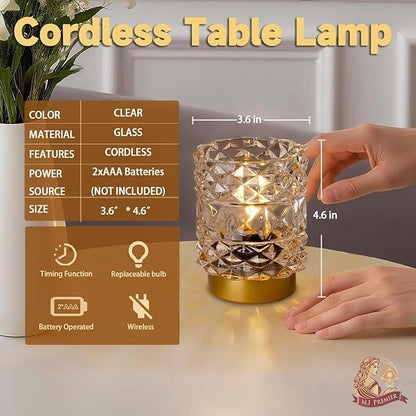 MJ PREMIER Battery Operated Lamp with Timer, Cordless Table Lamps for Shelf Decor, Rhombus Texture Aesthetic Crystal Lamp, Small Decorative Lamps for Bedroom/Bathroom/Kitchen/Entryway/Dorm (Clear)