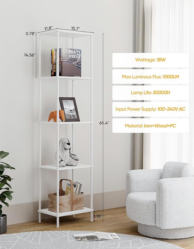 Display Shelf with RGBCW Light, Color Changing Curio Cabinet Floor Lamp with Shelves Corner Standing Column Lamp Etagere Organizer Tower Nightstand Bookcase for Living Room Bedroom Office Décor White