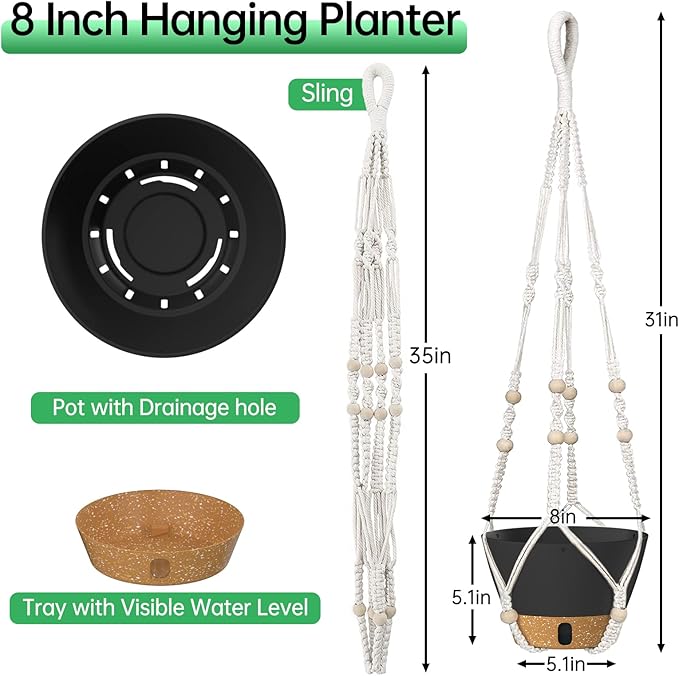 ZMTECH 2 Pack 10 Inch Hanging Planters with Macrame Plant Hanger for Indoor and Outdoor Plants, Self Watering, Drainage Hole, Visible Level Tray, Gray