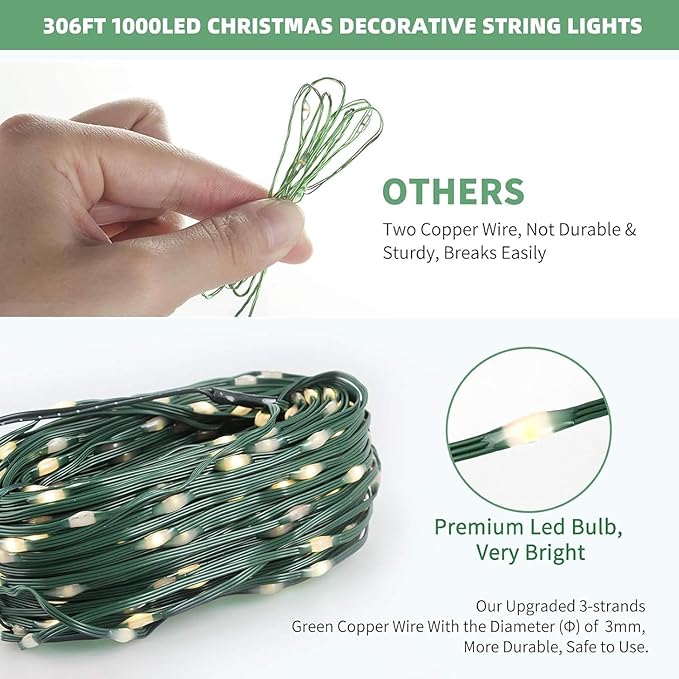 Tcamp 306FT 1000 LED White Christmas Lights, 8 Modes Christmas Tree Lights with Timer Memory Function, Green Wire Starry Fairy String Light for Xmas Tree Outdoor Indoor Decor