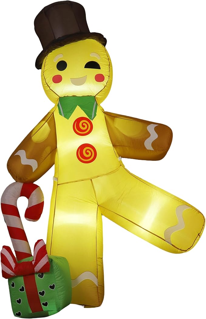 Christmas Inflatable Gingerbread Man with Top Hat, Lighted Gingerbread Man Decoration with Candy Cane & Gift Box, Outdoor Indoor Holiday Blow Up Decor for Yard Lawn Garden